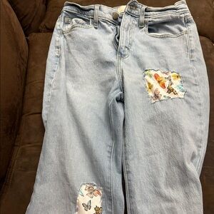Flair High Rise Jeans w/ Hand-Sewn Butterfly Patches